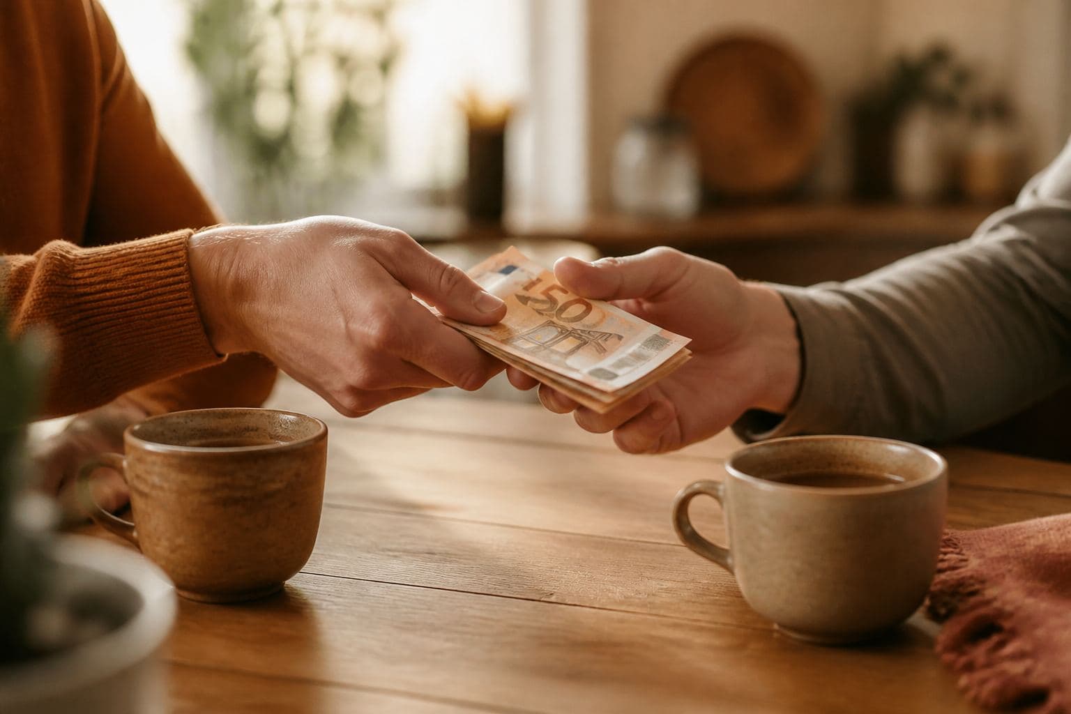 Cash being handed over at a kitchen table.