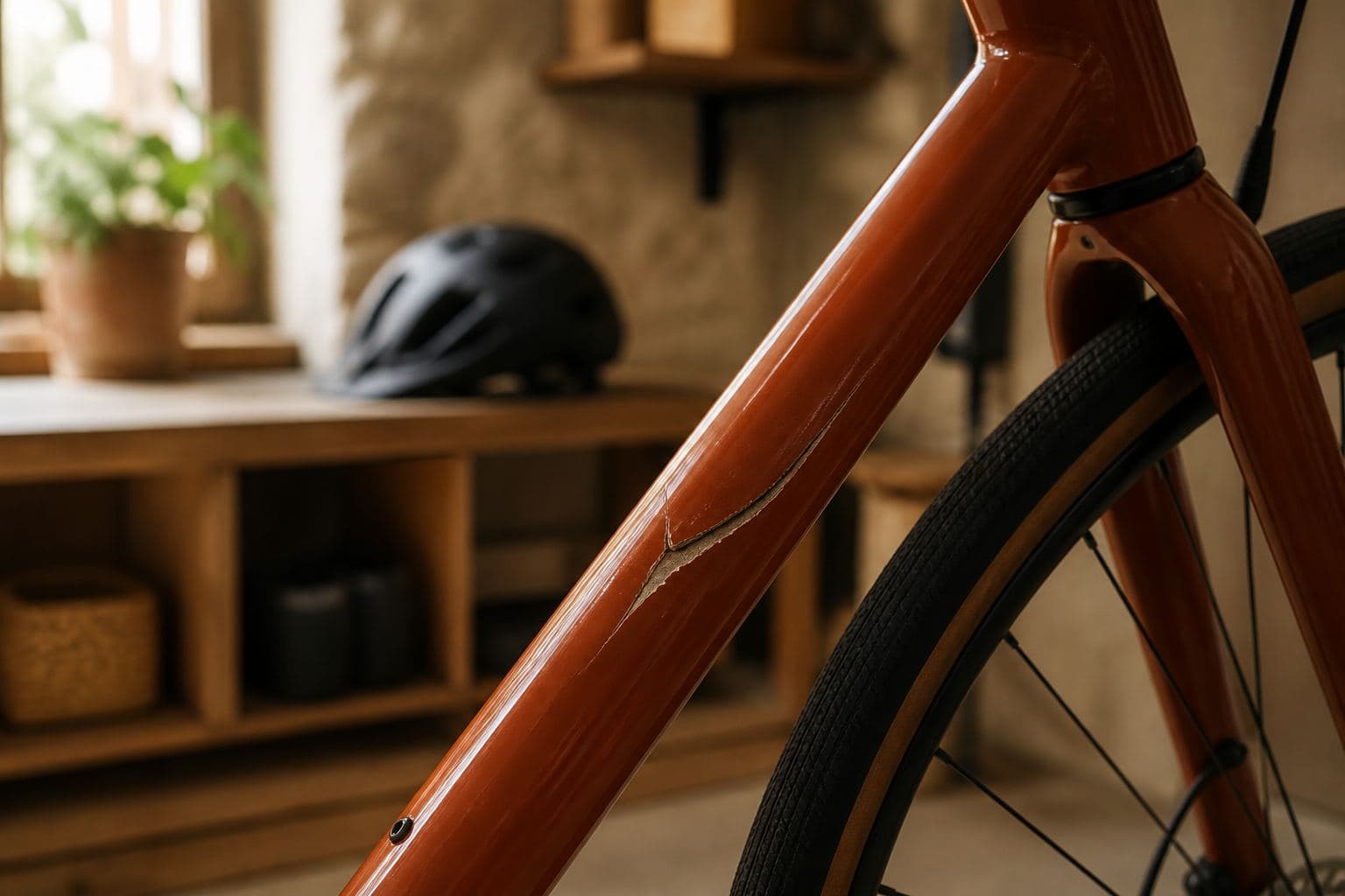 A bicycle with a cracked frame in a garage.