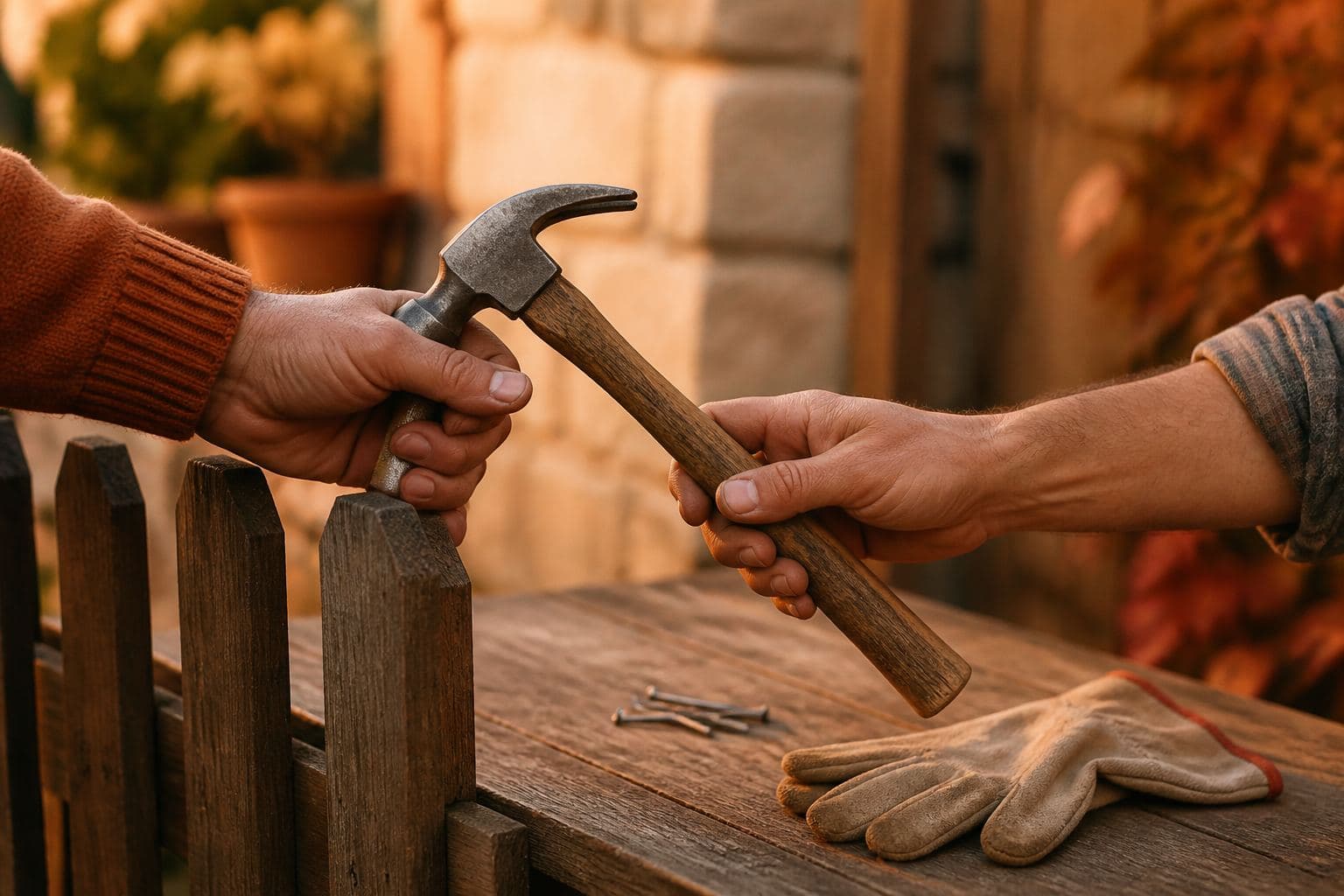 Two people handing a hammer over a wooden fence.